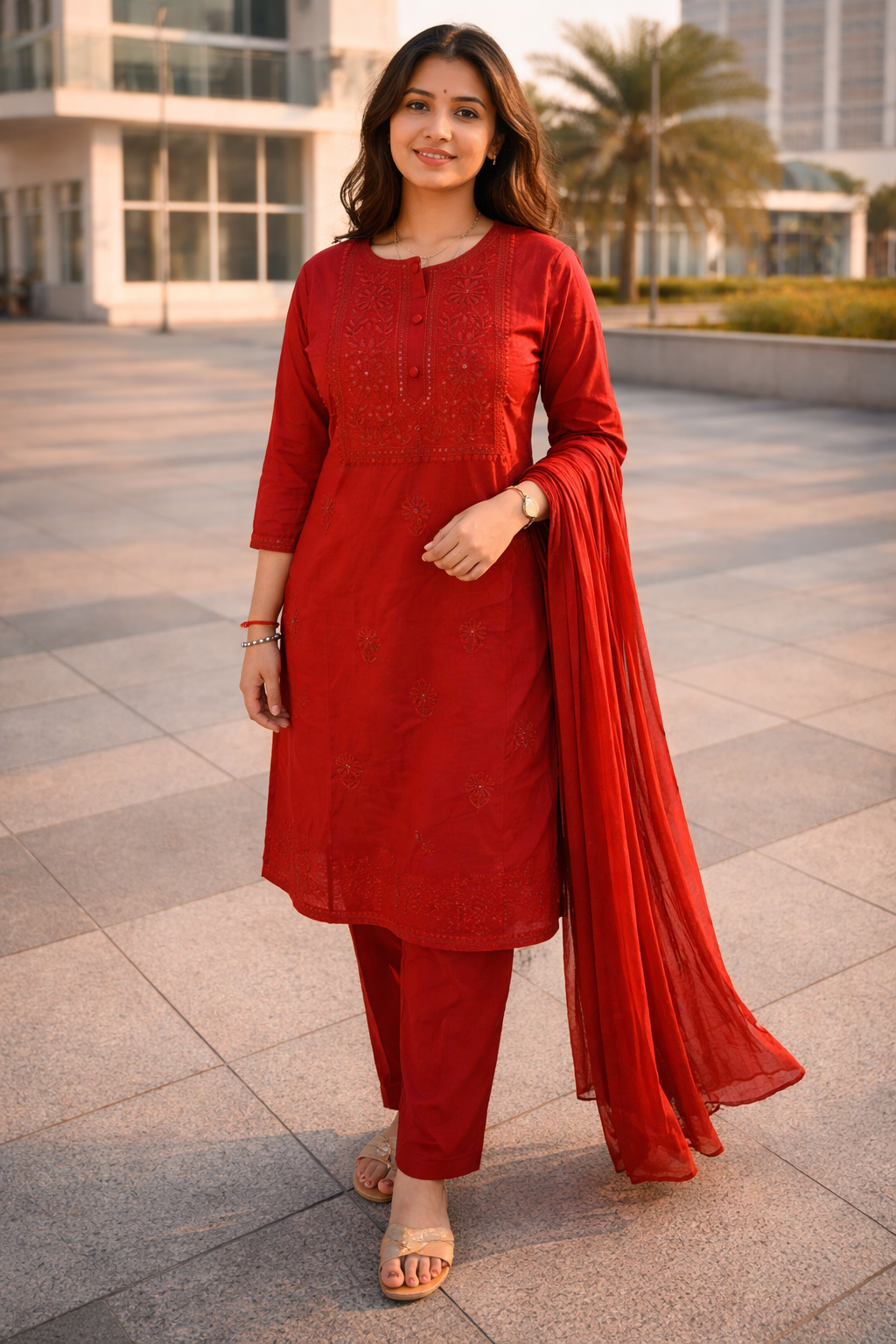 Woman in a red traditional outfit standing on a paved area with buildings and greenery in the background.