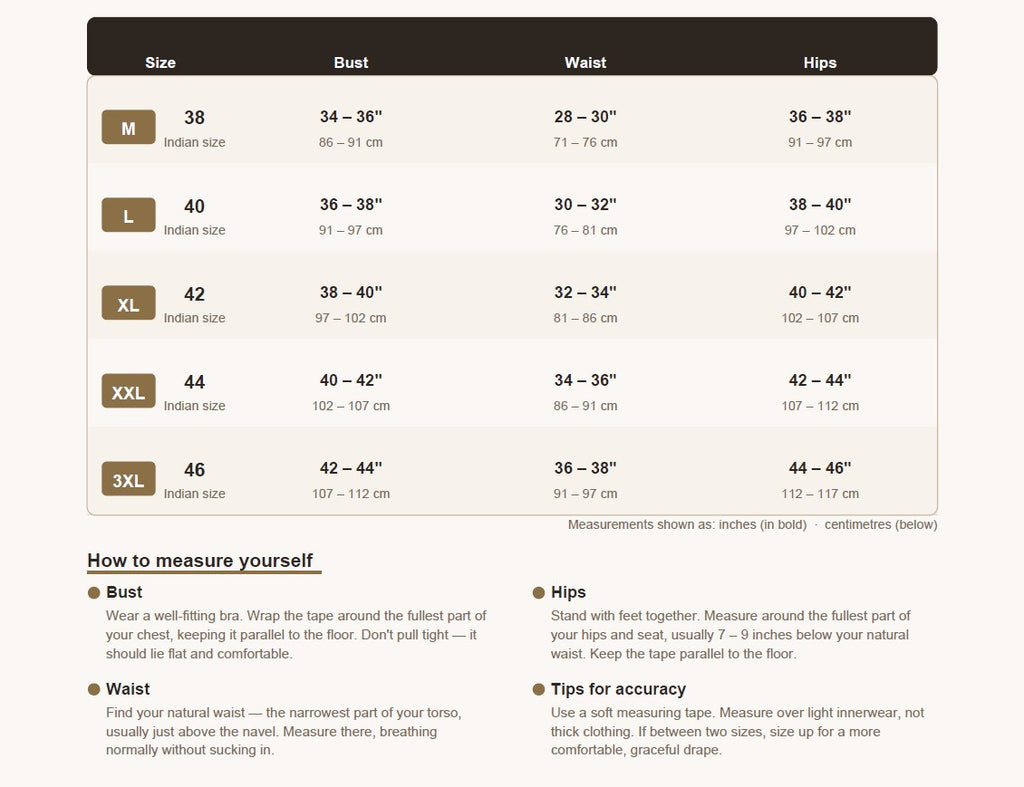 Size chart for clothing with measurements in inches and centimeters.