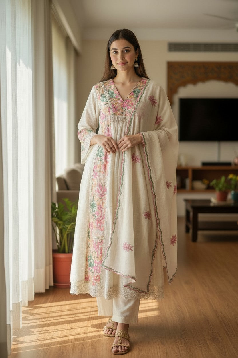 Ivory Floral Cotton Suit