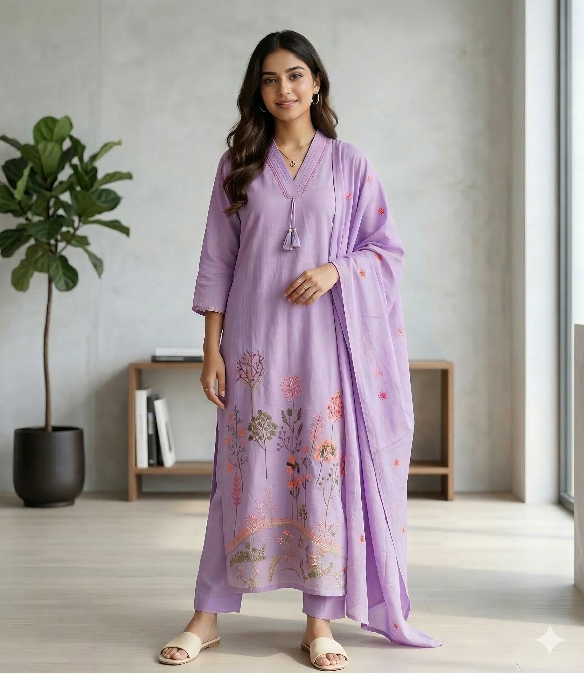 Woman wearing a light purple traditional outfit with floral patterns in a modern room.