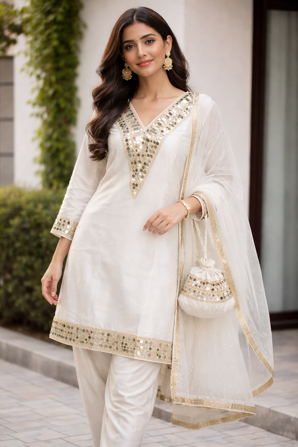 mirror work white suit